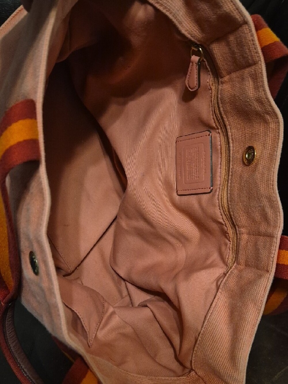Coach Pink Canvas Tote with Striped Orange-Burgundy Handles - Picture 8 of 10